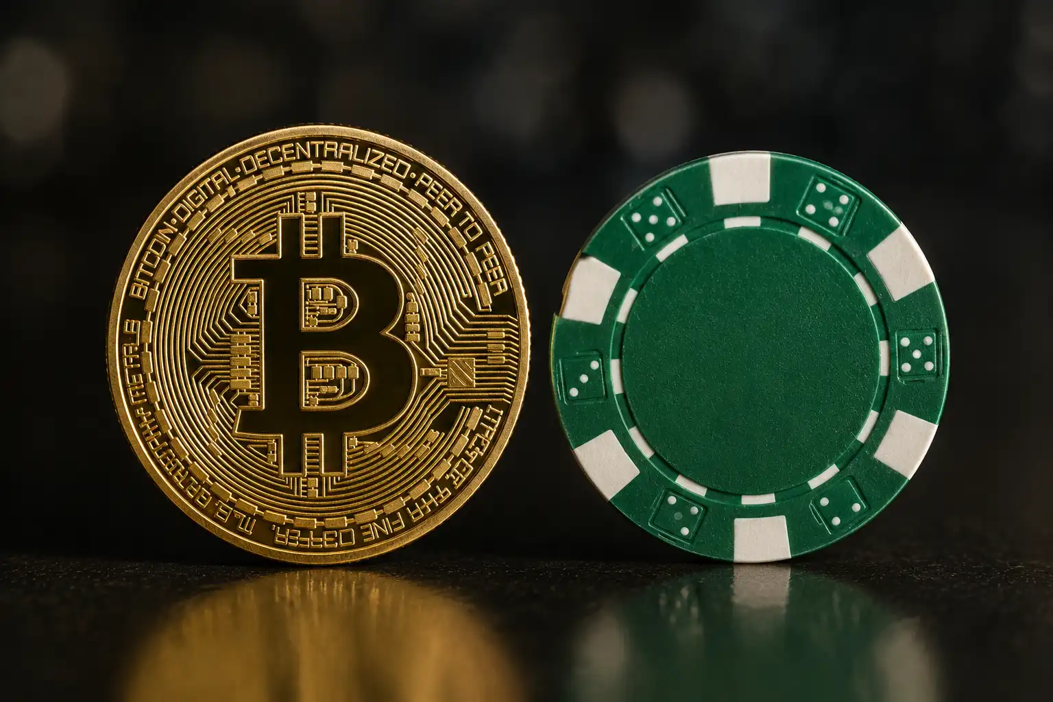 A Bitcoin coin beside a casino chip illustrating Betti Casino crypto deposits