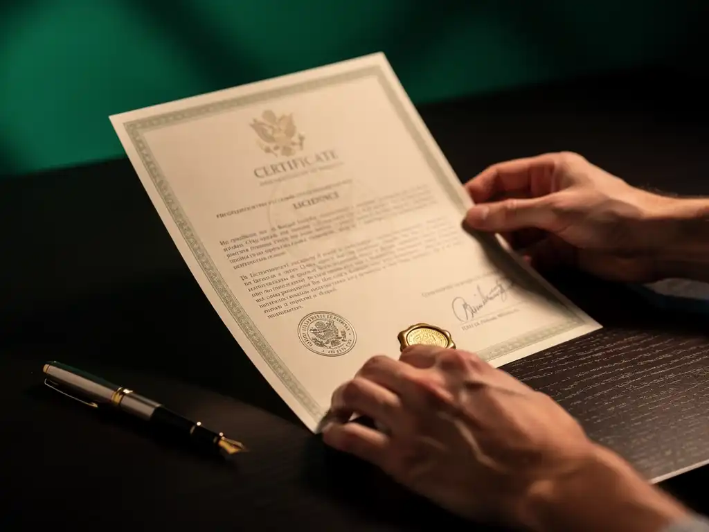 Hands reviewing a printed gambling licence document with an official stamp, illustrating the Curaçao licence behind Betti Casino
