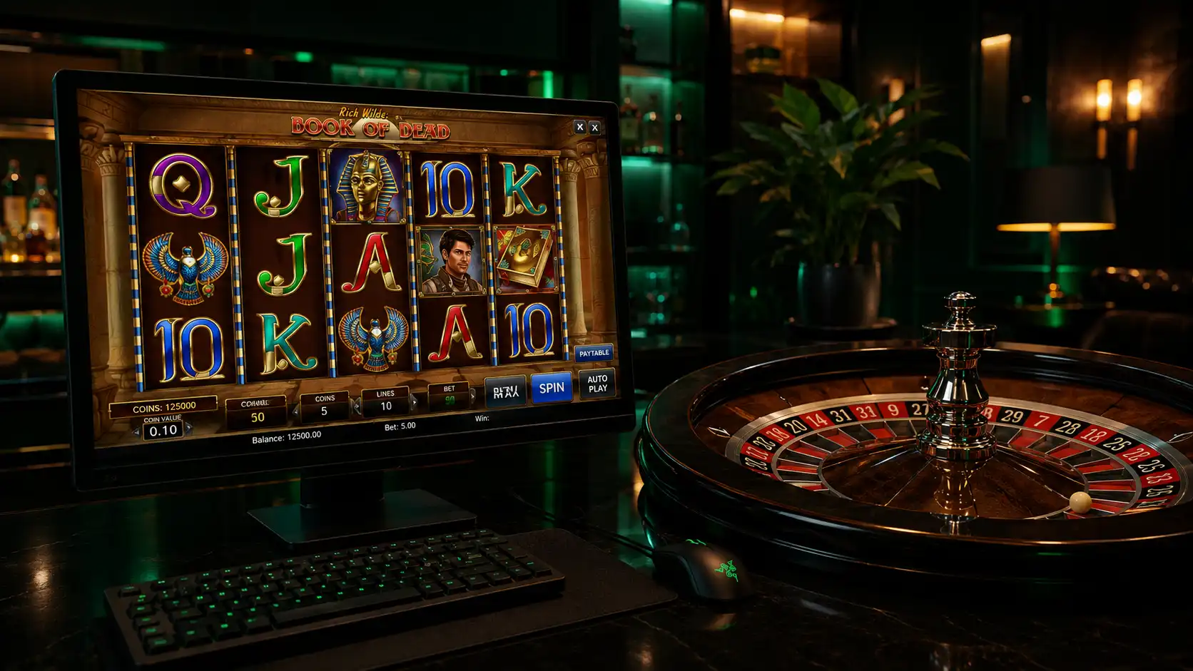 Online casino gaming floor with slot machine reels and a roulette wheel, illustrating the kind of games Betti Casino offers offshore