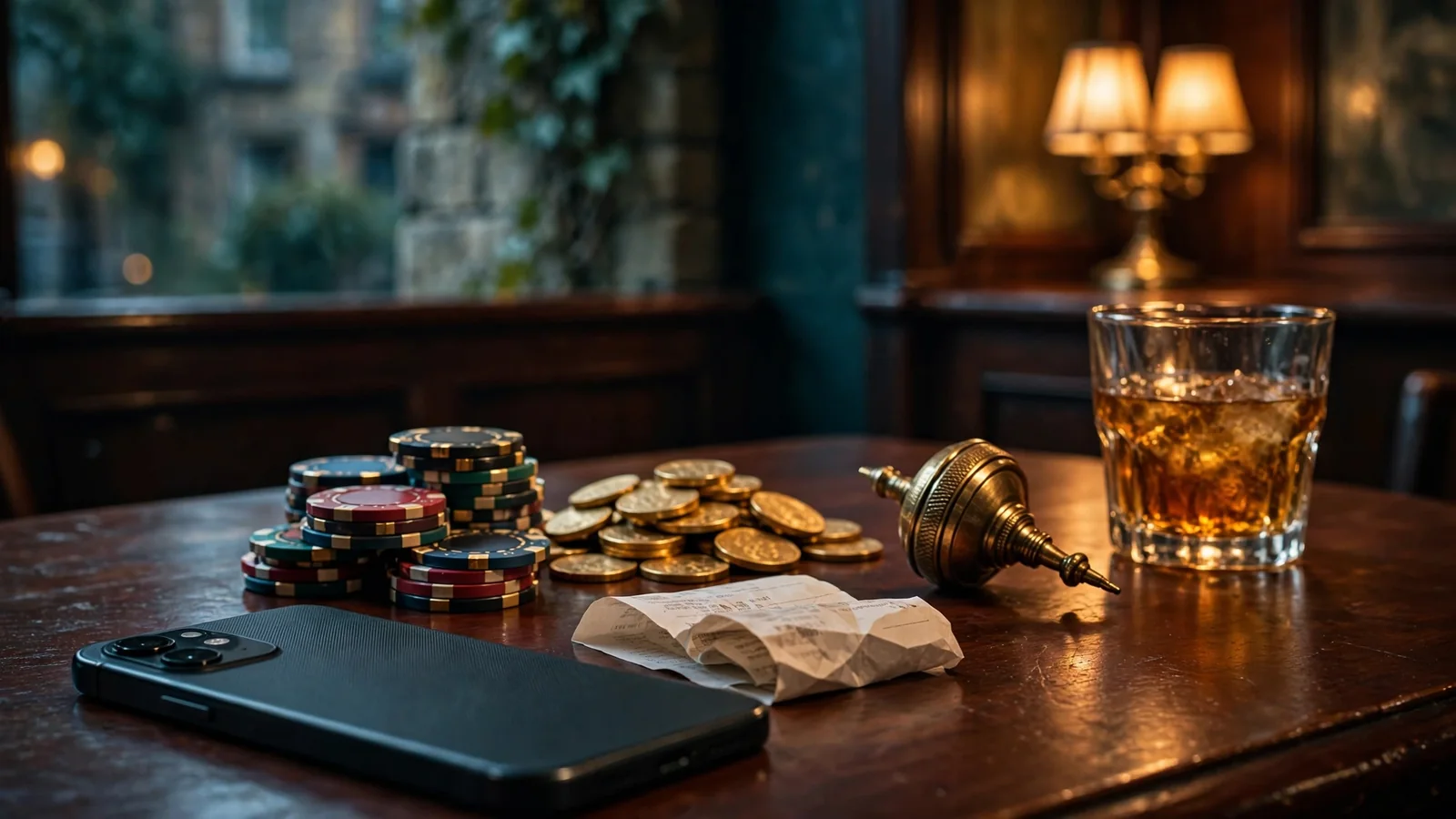 Casino chips, gold coins and a face-down phone on a British pub-style table