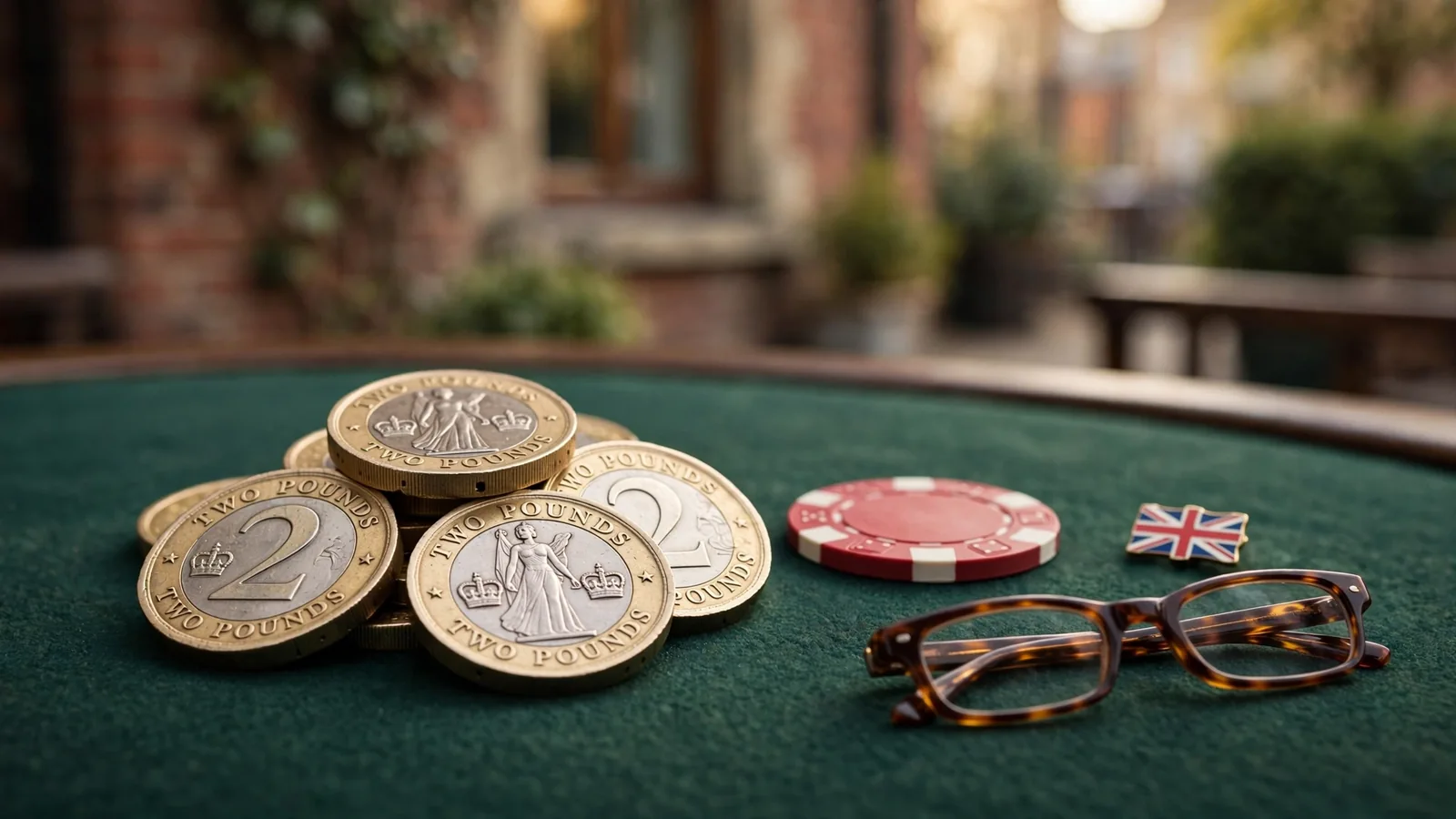 Two-pound coins and a casino chip on green felt in the UK