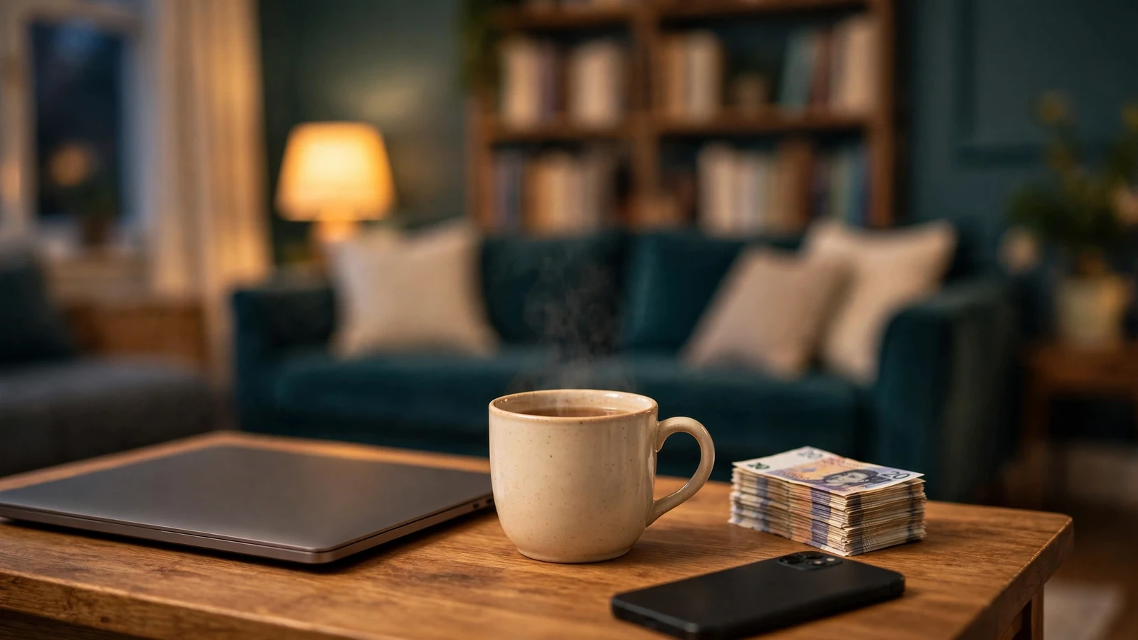 Closed laptop, face-down phone, tea mug, and twenty-pound notes on a side table
