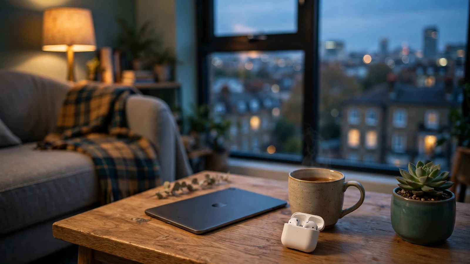 Cozy British living room evening scene with tablet, headphones, and tea