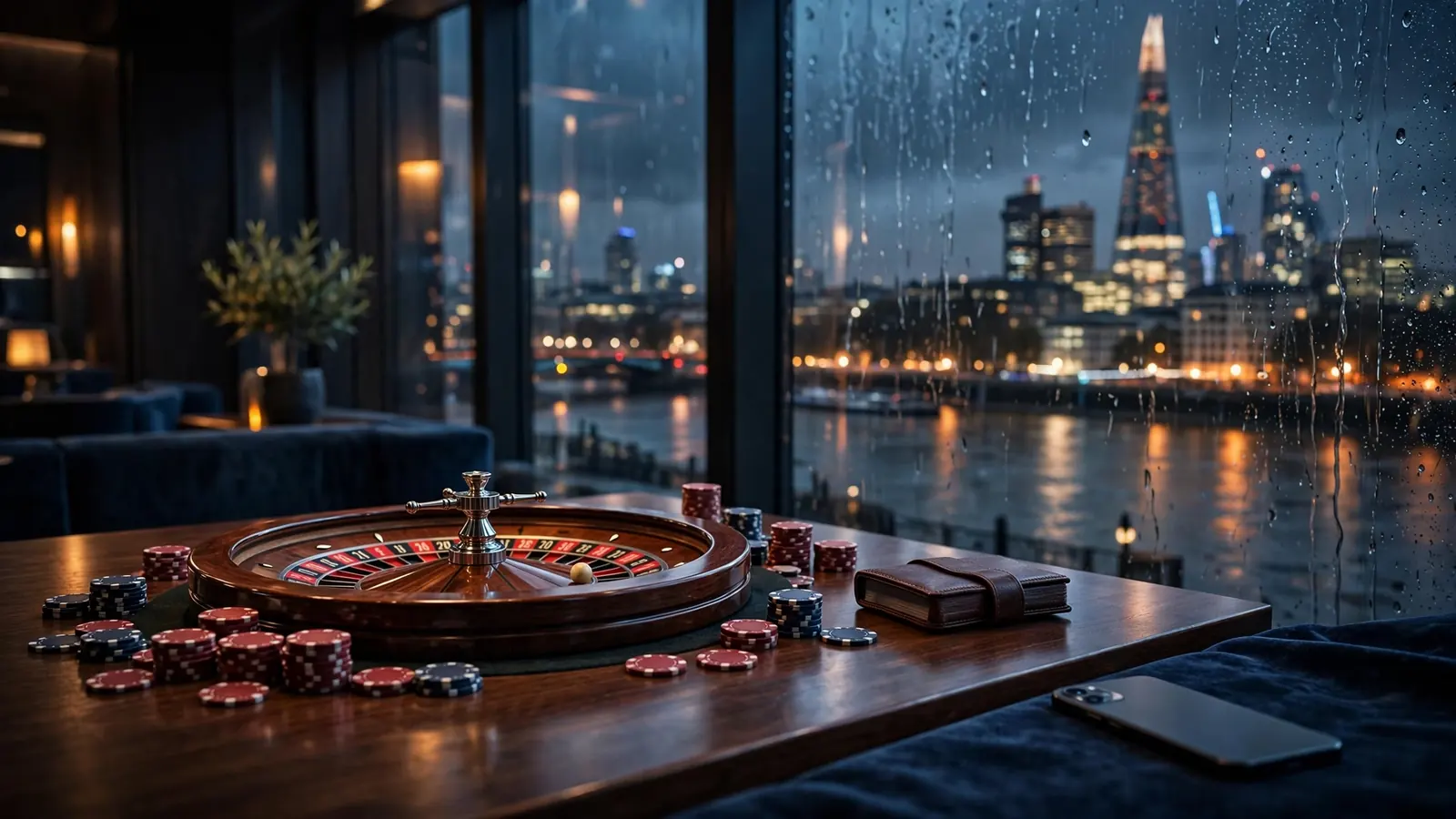 British casino table with roulette wheel and face-down phone by London skyline window at night