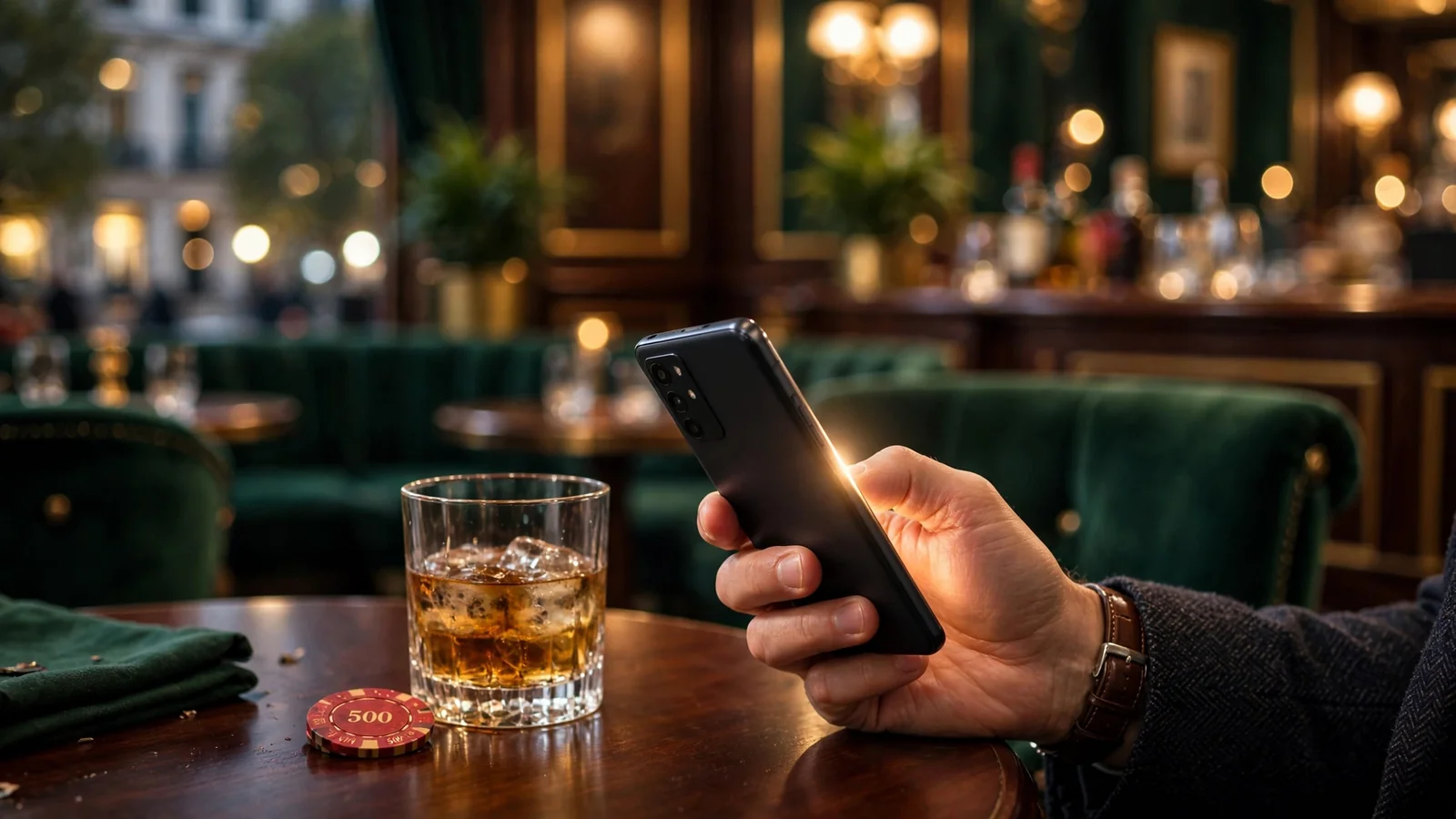 Android smartphone in hand at a stylish British casino lounge with roulette chip and whisky