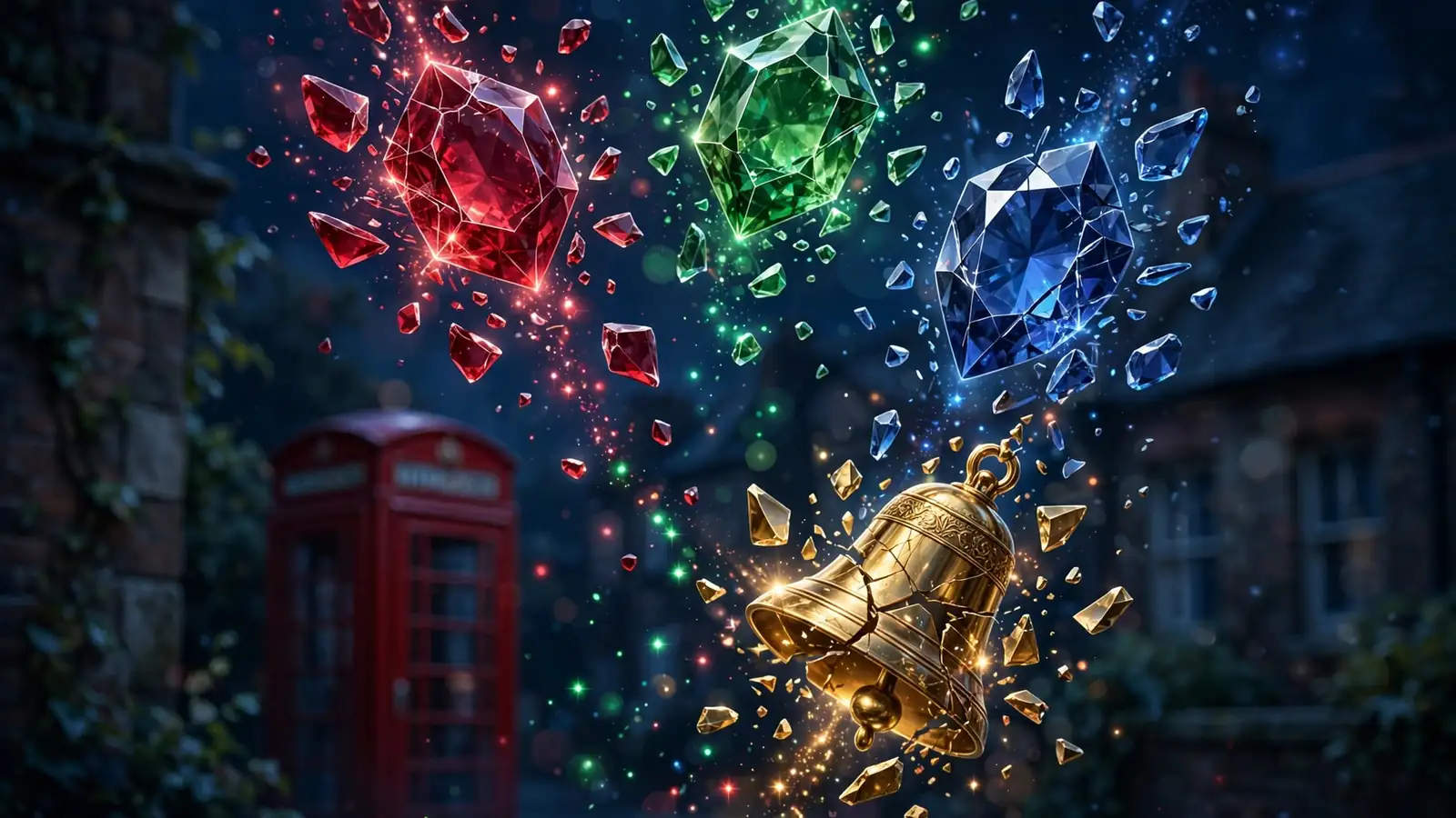Colorful gem symbols cascading and shattering against a dark blue background