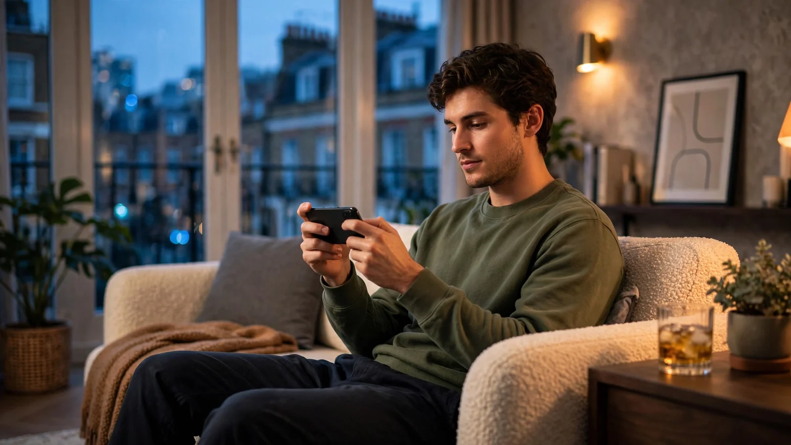 Person holding a smartphone in a modern London apartment, suggesting mobile casino gaming lifestyle.