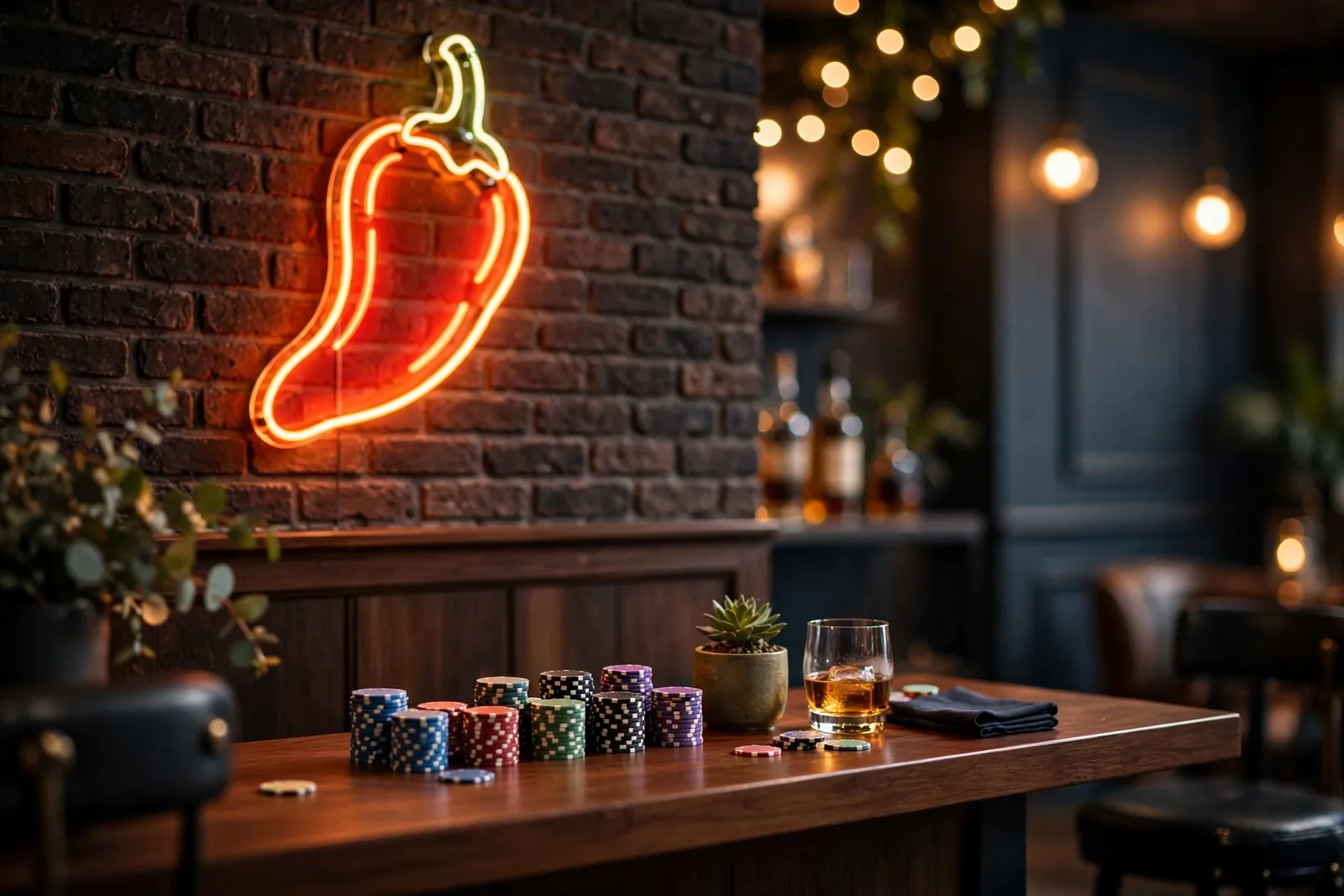 Stylish casino lounge with a fiery neon habanero sign and stacked poker chips on a wooden bar.