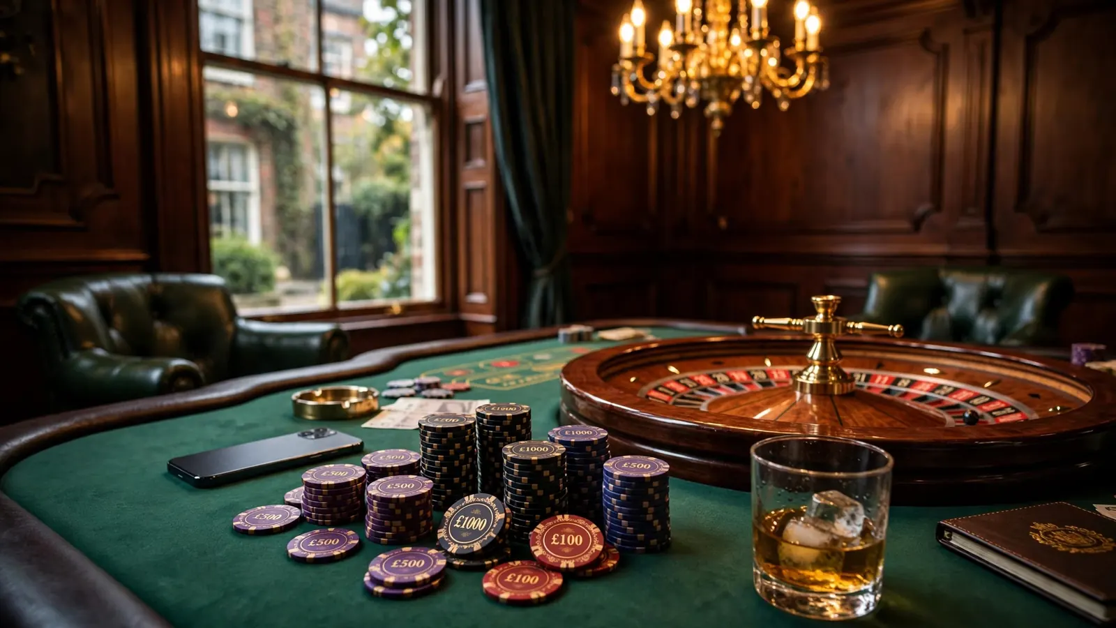 Luxurious private UK casino room with roulette wheel, high-value chips and whisky glass