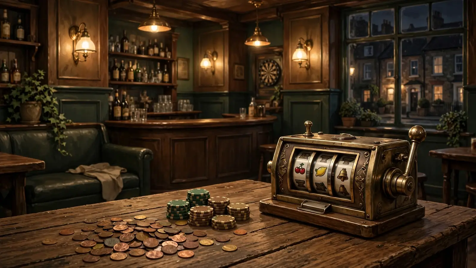 Cozy British pub scene with coins, chips, and a classic slot machine on a wooden table.