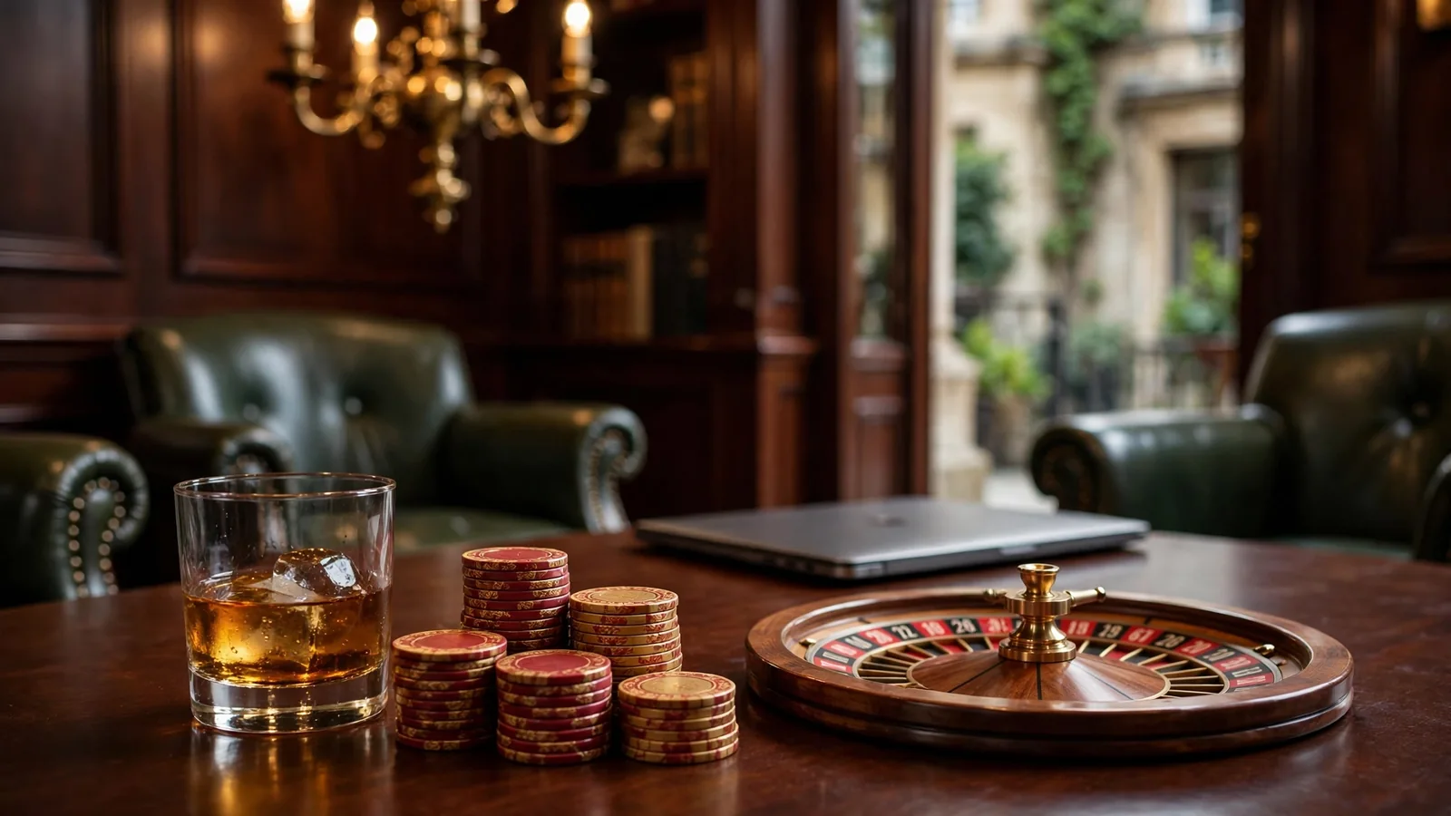 Elegant British club interior with casino chips, whisky glass, and closed laptop on table