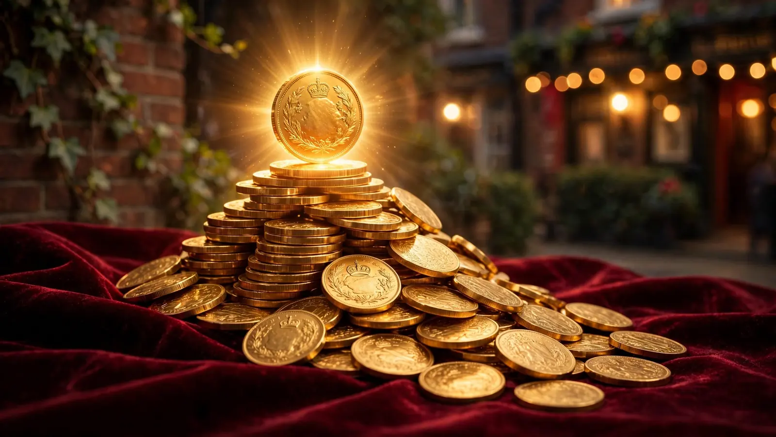 Stack of golden coins with glowing jackpot coin on velvet