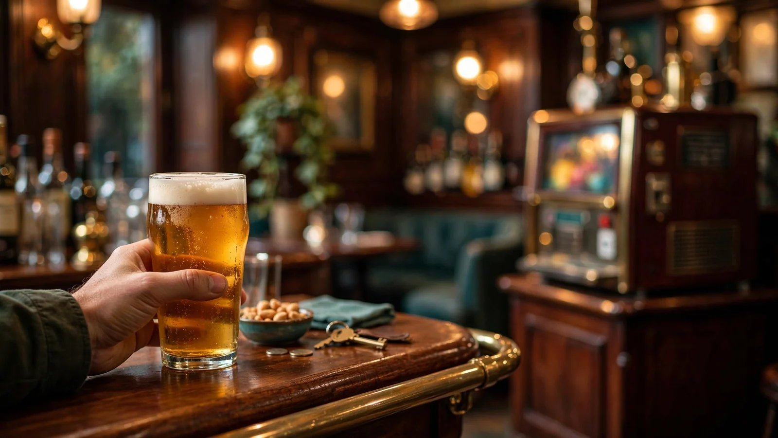 Classic British pub interior with a pint of ale and a vintage slot machine in the background