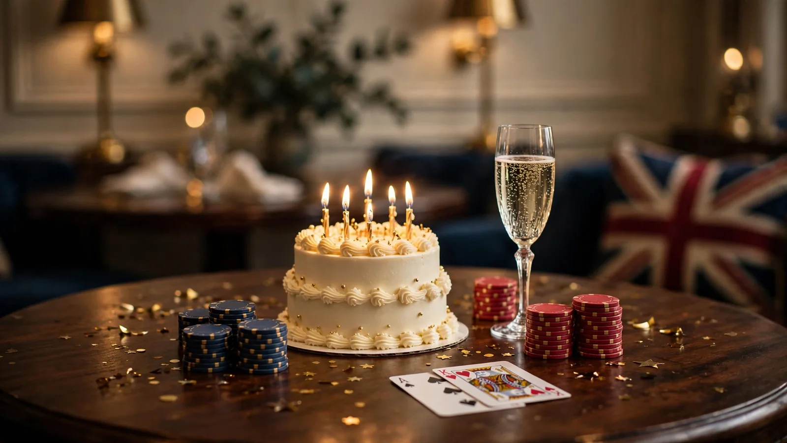 Birthday cake with casino chips and champagne on an elegant table