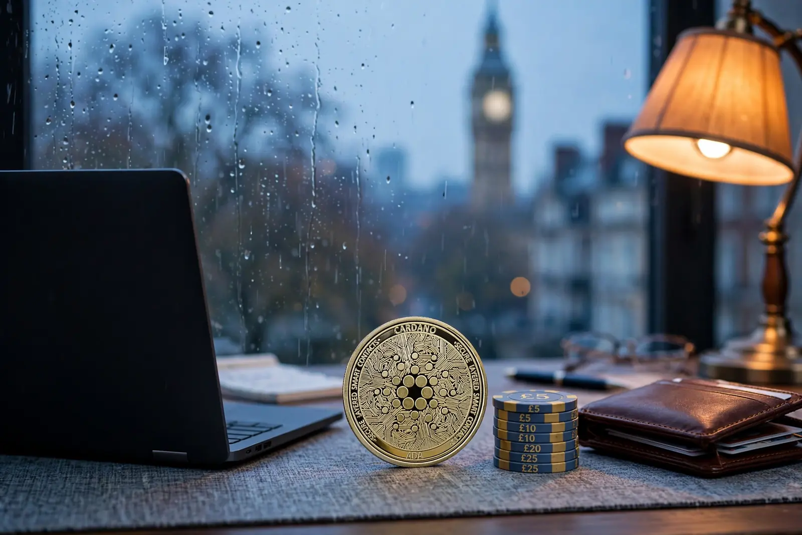 London desk scene with a Cardano coin, UK poker chips, and a closed laptop at dusk.
