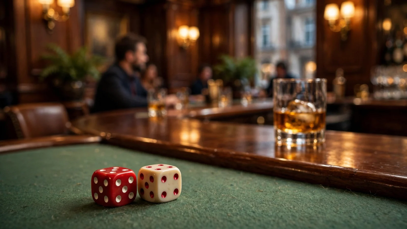 Luxurious UK casino scene with red dice on green felt table, warm amber lighting