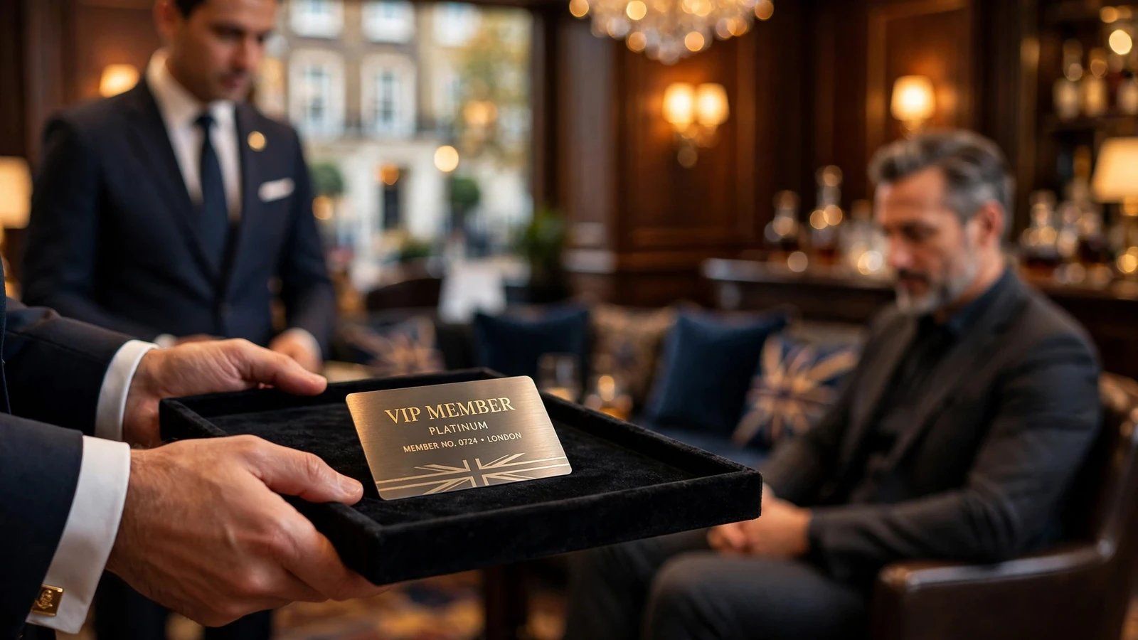 Concierge presenting a VIP membership card in a luxurious London casino lounge