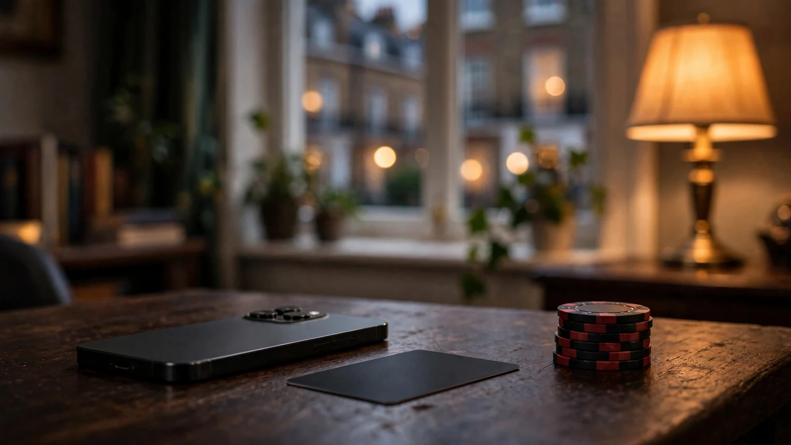 iPhone, credit card, and casino chips arranged on a dark desk, suggesting Apple Pay casino payments in the UK.