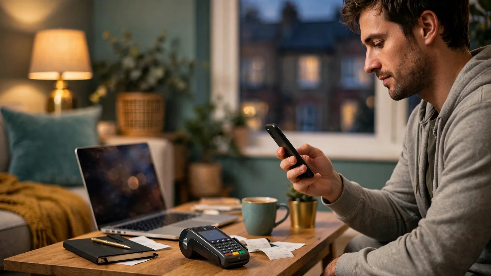 Person using a smartphone for digital wallet payment in a modern UK living room
