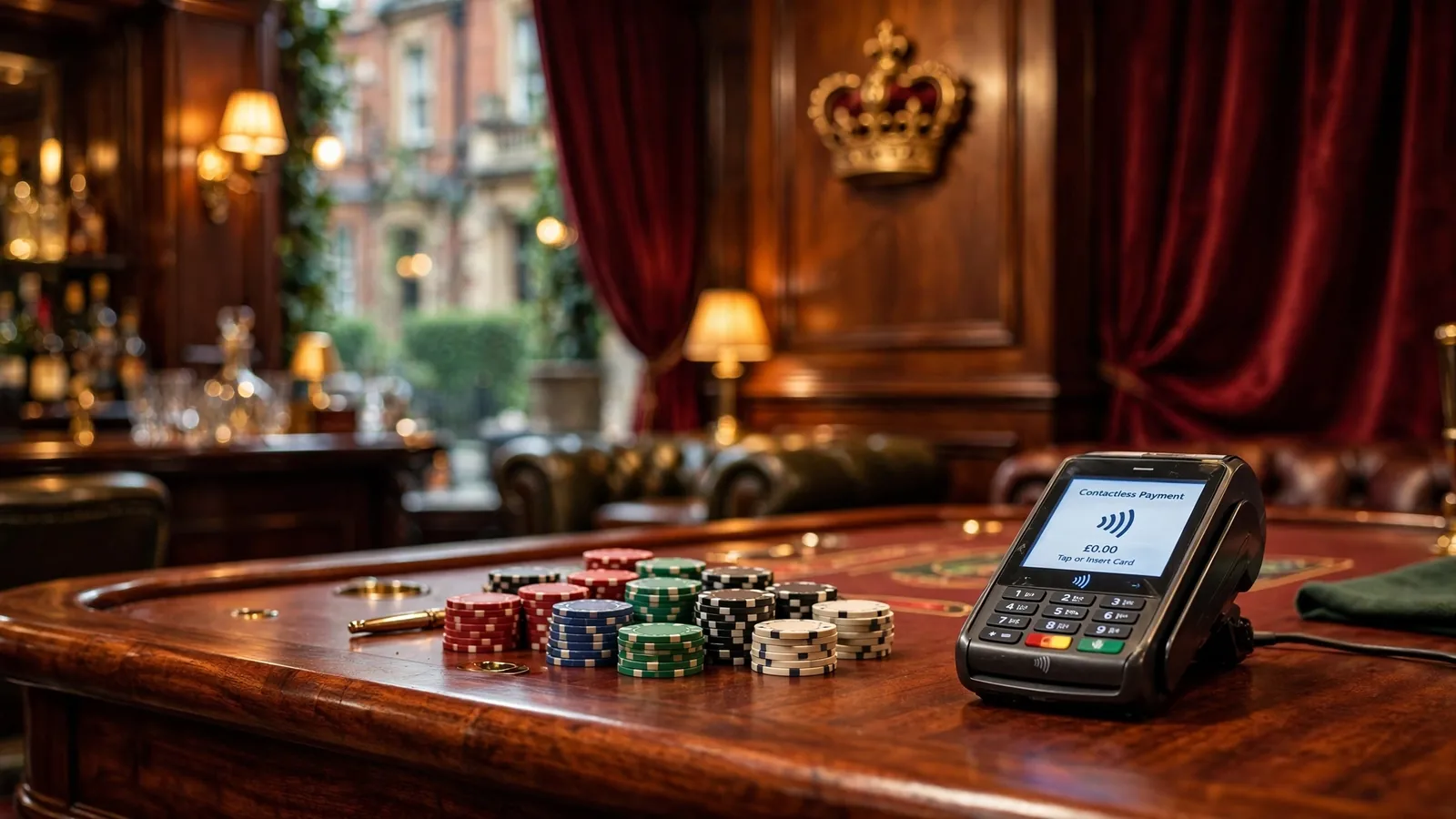 British casino interior with stacked gaming chips and a contactless payment terminal on a polished mahogany table