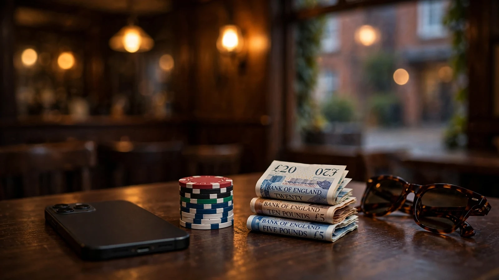 Smartphone face-down on a wooden table with poker chips and British banknotes