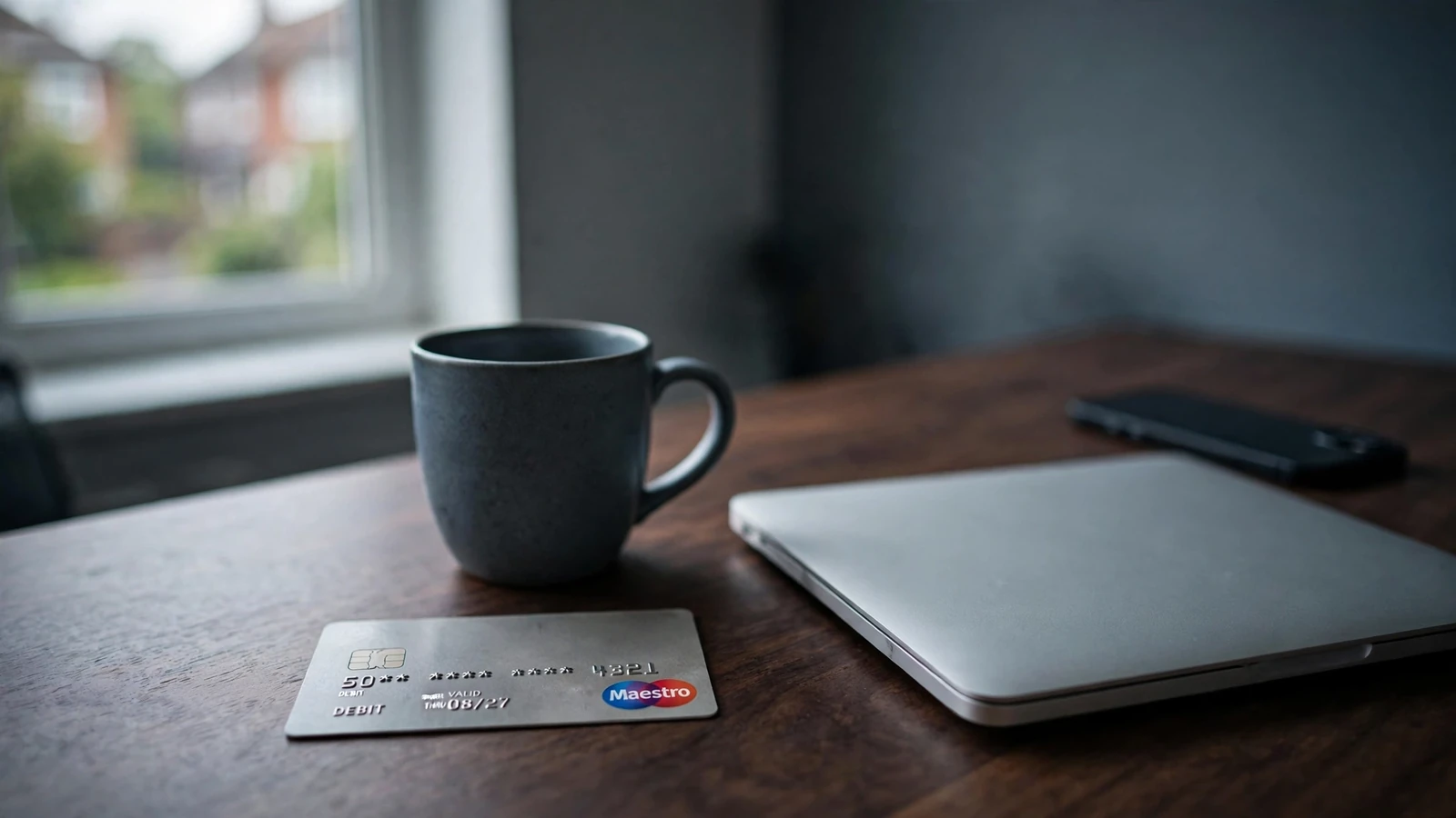 Maestro debit card on a desk beside a closed laptop in a UK home office