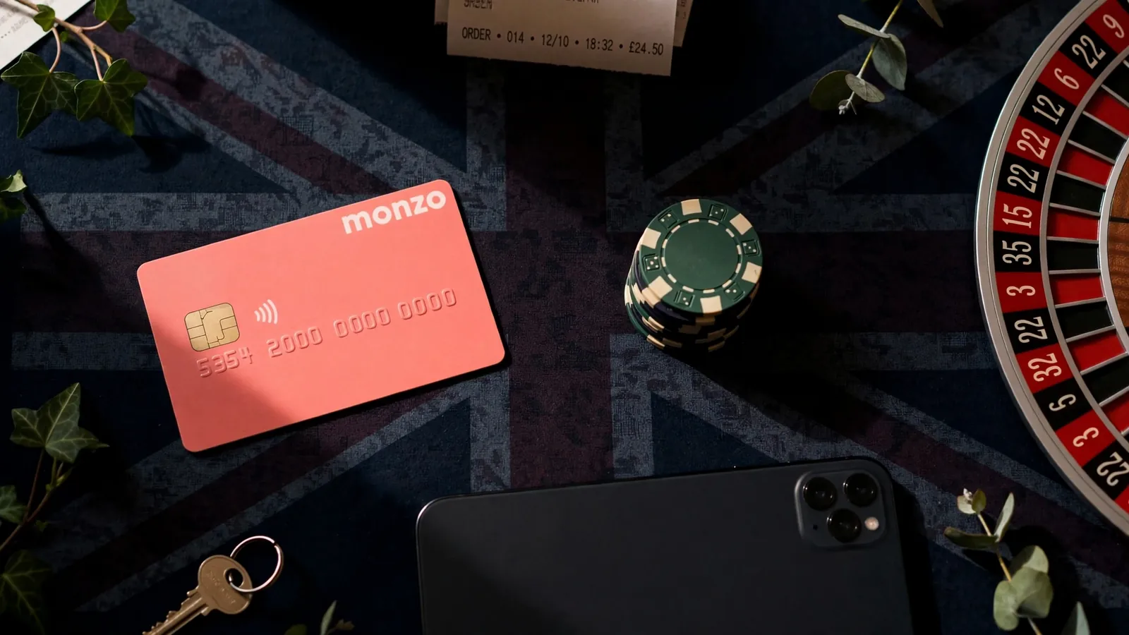 Monzo bank card beside casino chips and a smartphone on a dark UK-themed background.