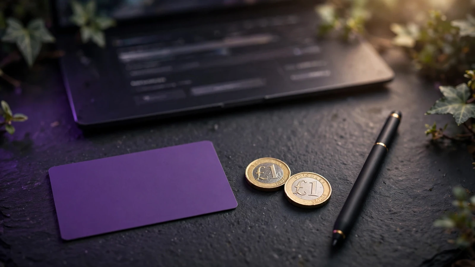 Neosurf voucher card with British pound coins on a dark surface