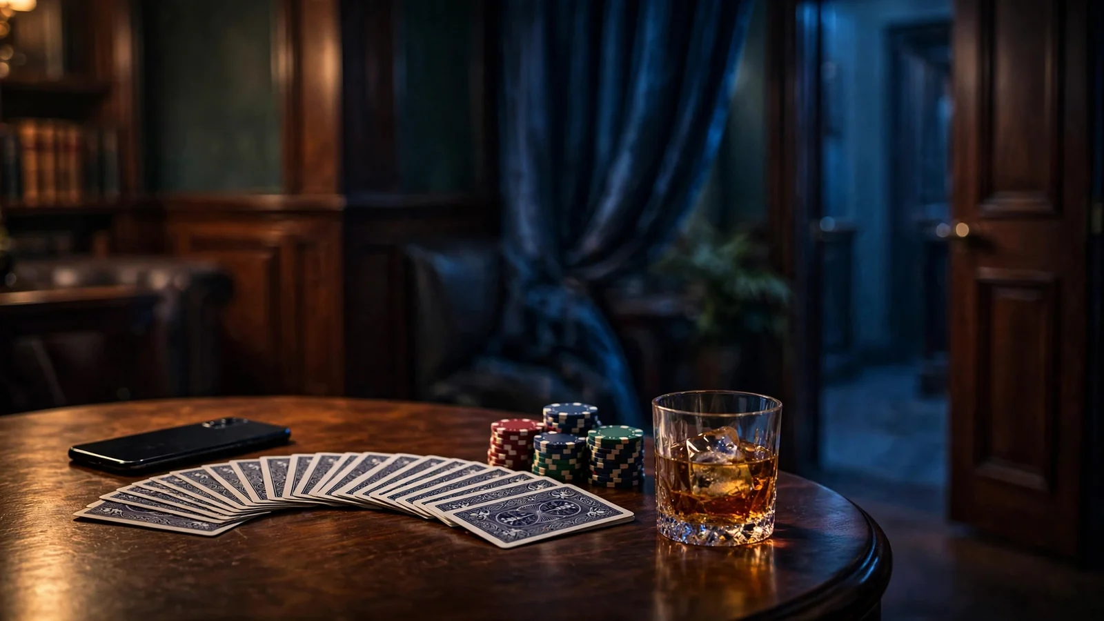 Dimly lit table with face-down cards, casino chips, and a face-down smartphone in a private club setting