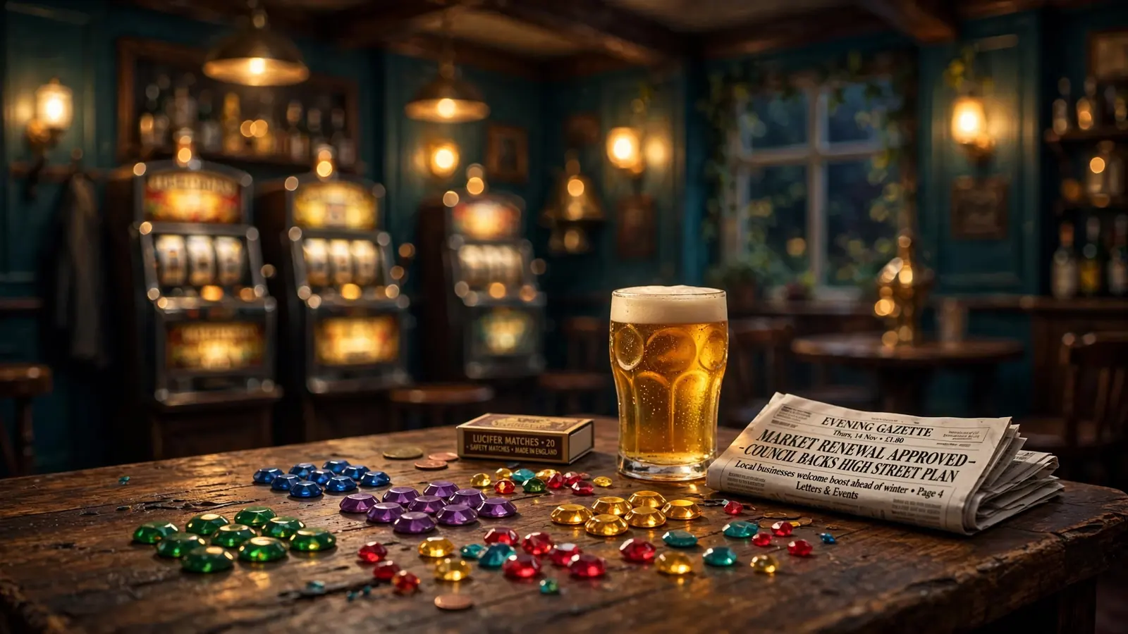 British pub scene with clustered gemstones on a wooden table