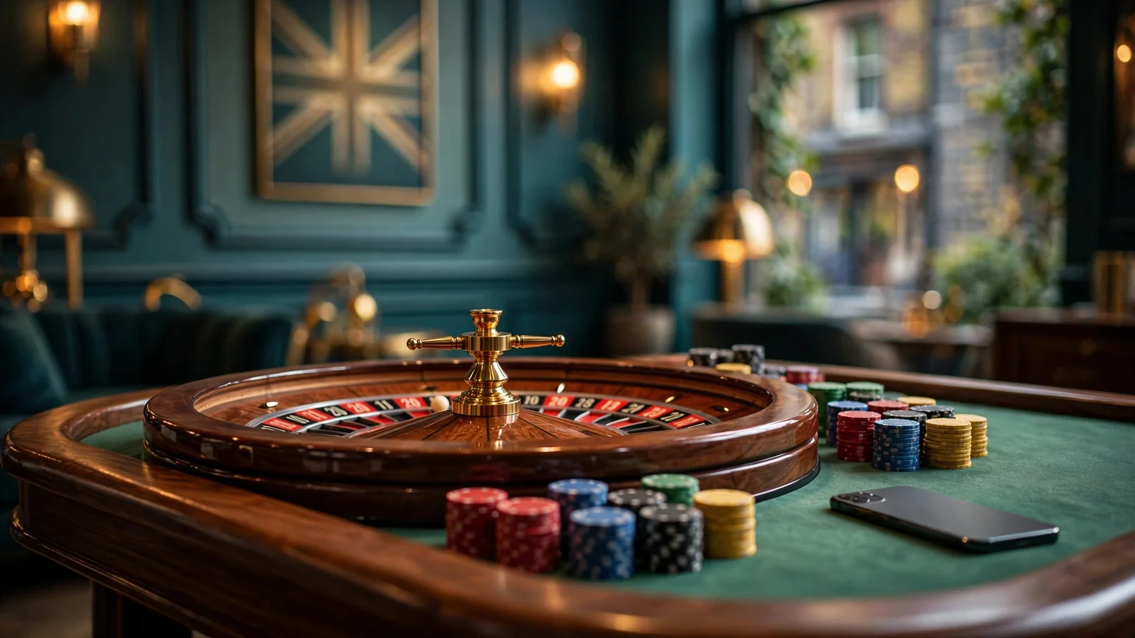 Modern UK casino lounge with a roulette table and turned-away smartphone
