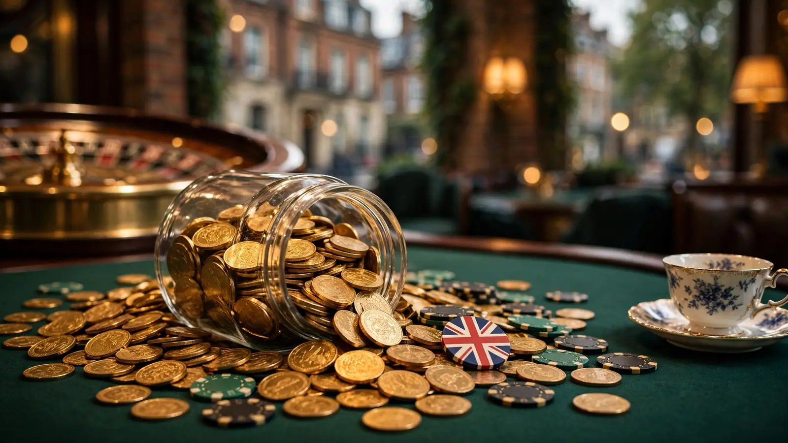 Open jar with gold coins and poker chips on a casino table, symbolizing unrestricted bonuses.