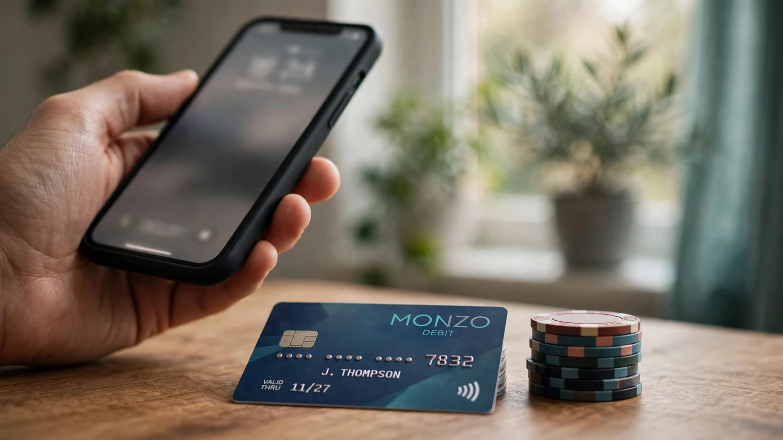 Hand holding smartphone near bank card and casino chips on a table