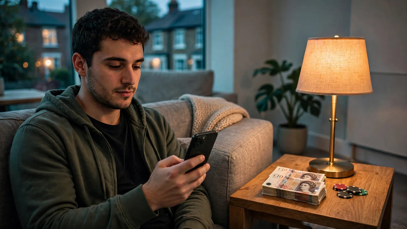 Person on sofa with smartphone next to British pounds and casino chips