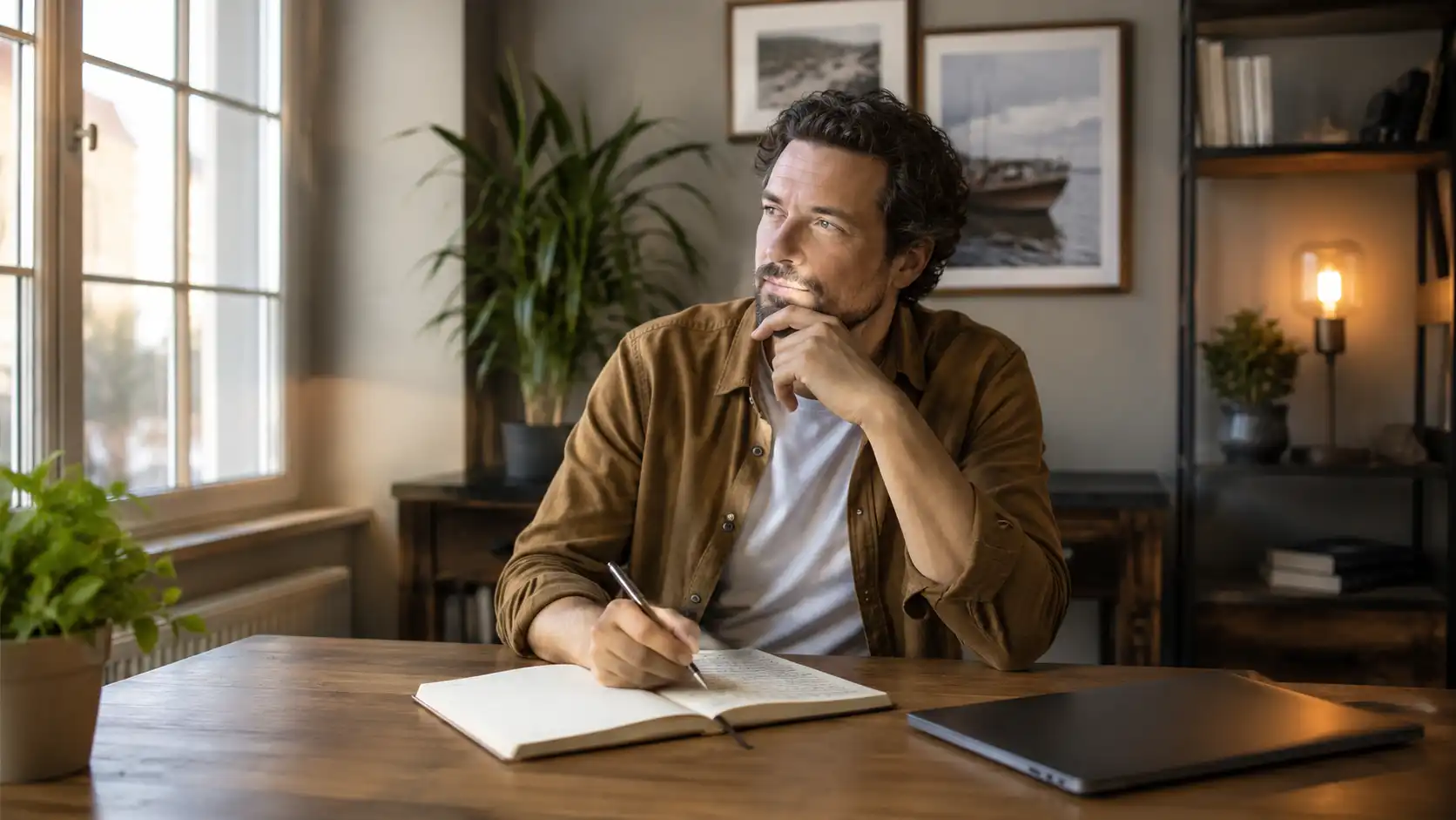 Person sitting at a desk with an open notebook, planning and reflecting on their gambling, representing GamStop self-exclusion