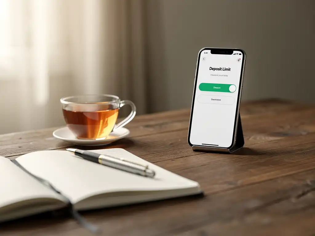 Calm desk scene with a notebook and a smartphone showing a deposit-limit setting, representing responsible gambling tools