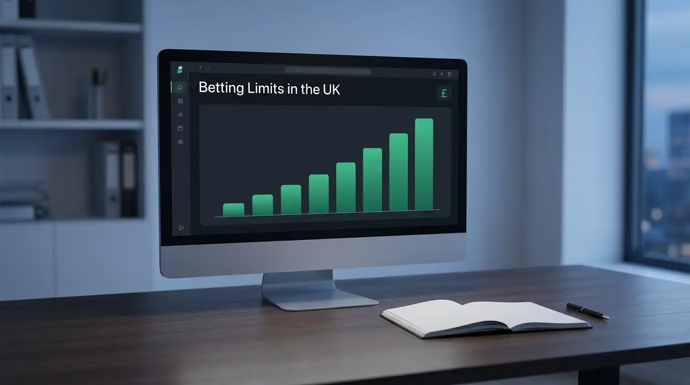 Clean bar chart on a screen showing the growth of the UK online gambling market in pounds, with a small symbolic pound sign
